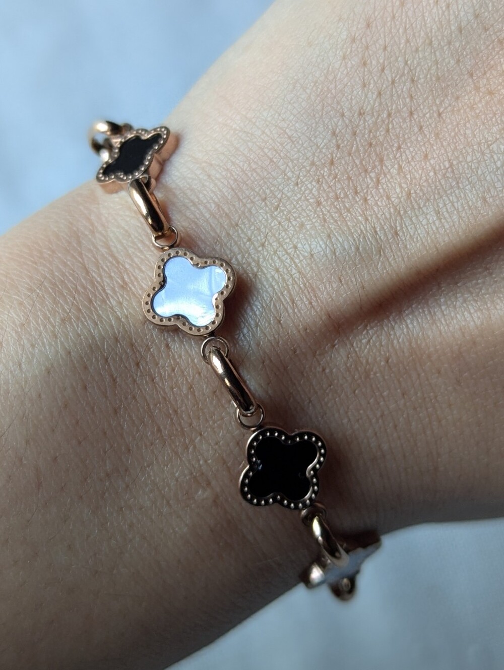 Rose Gold Clover Link Bracelet with Black and White Enamel Stainless Steel - Picture 2 of 5